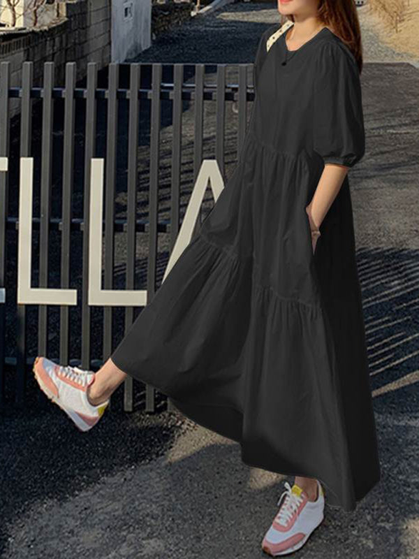 Blue Zone Planet | Elegant short-sleeved round neck A-line dress BLUE ZONE PLANET