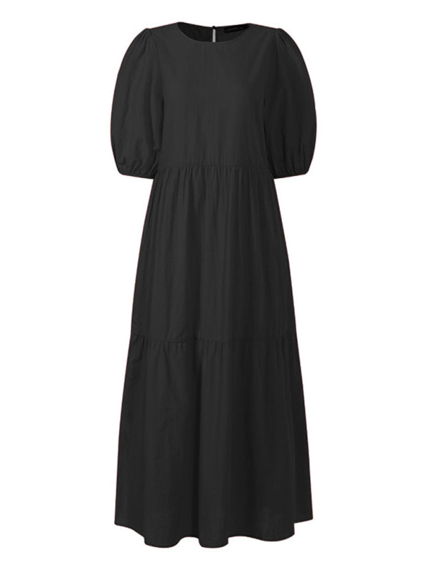 Blue Zone Planet | Elegant short-sleeved round neck A-line dress BLUE ZONE PLANET