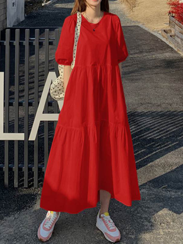 Blue Zone Planet | Elegant short-sleeved round neck A-line dress BLUE ZONE PLANET