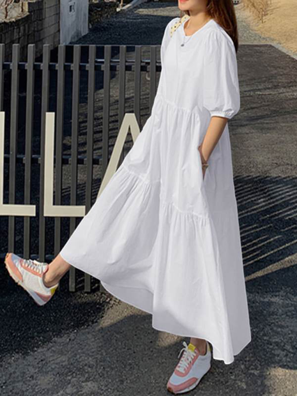 Blue Zone Planet | Elegant short-sleeved round neck A-line dress BLUE ZONE PLANET