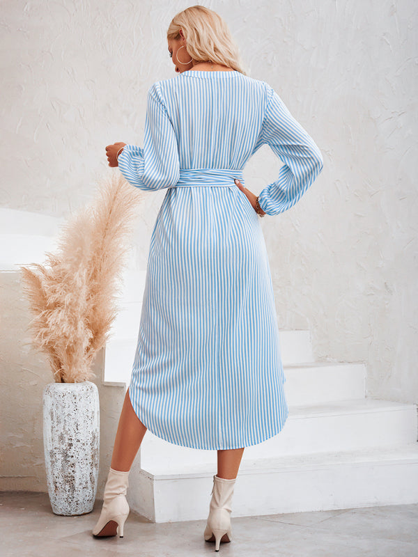Blue Zone Planet | V-neck striped tie waist shirt dress BLUE ZONE PLANET