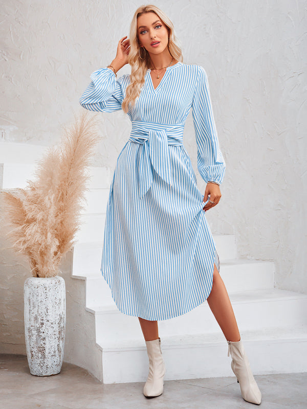 Blue Zone Planet | V-neck striped tie waist shirt dress BLUE ZONE PLANET