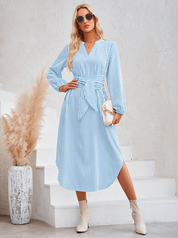 Blue Zone Planet | V-neck striped tie waist shirt dress BLUE ZONE PLANET