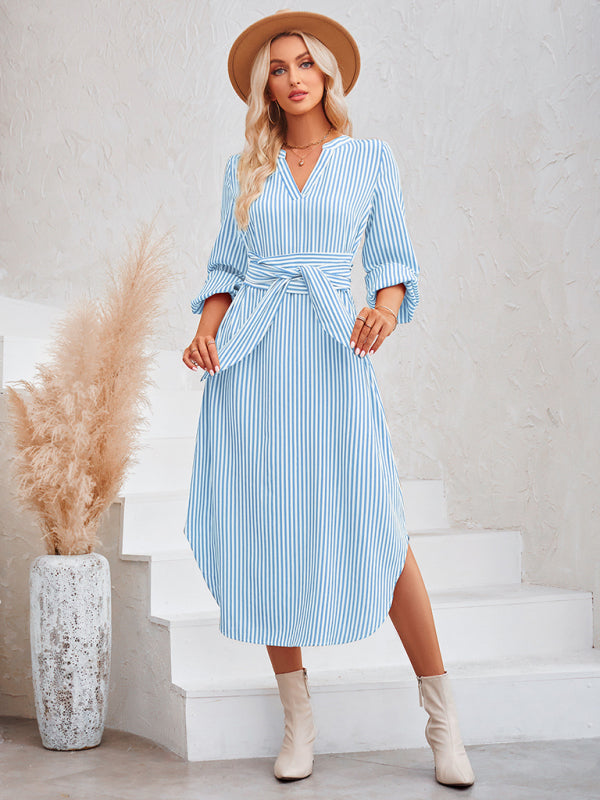 Blue Zone Planet | V-neck striped tie waist shirt dress BLUE ZONE PLANET