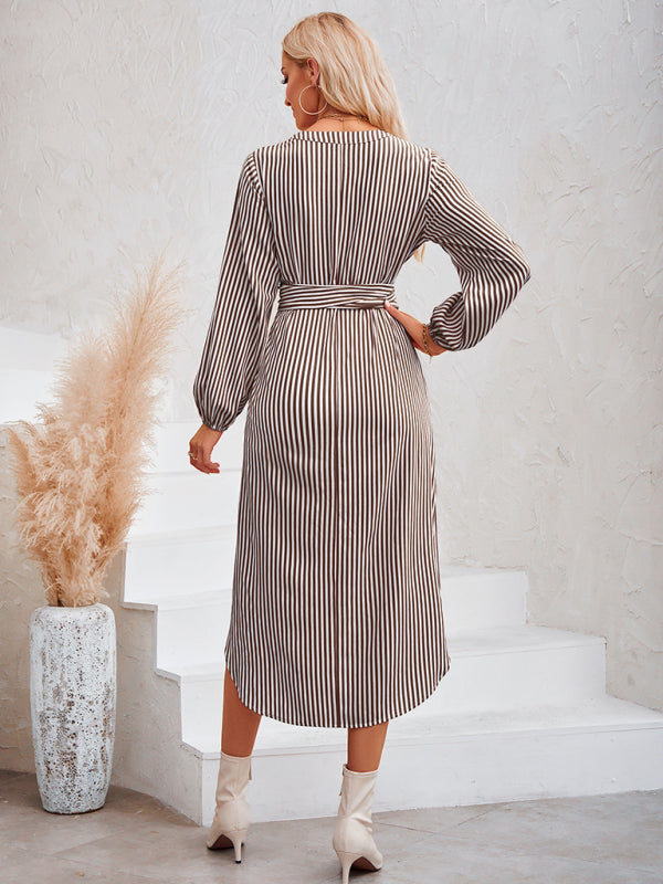 Blue Zone Planet | V-neck striped tie waist shirt dress BLUE ZONE PLANET