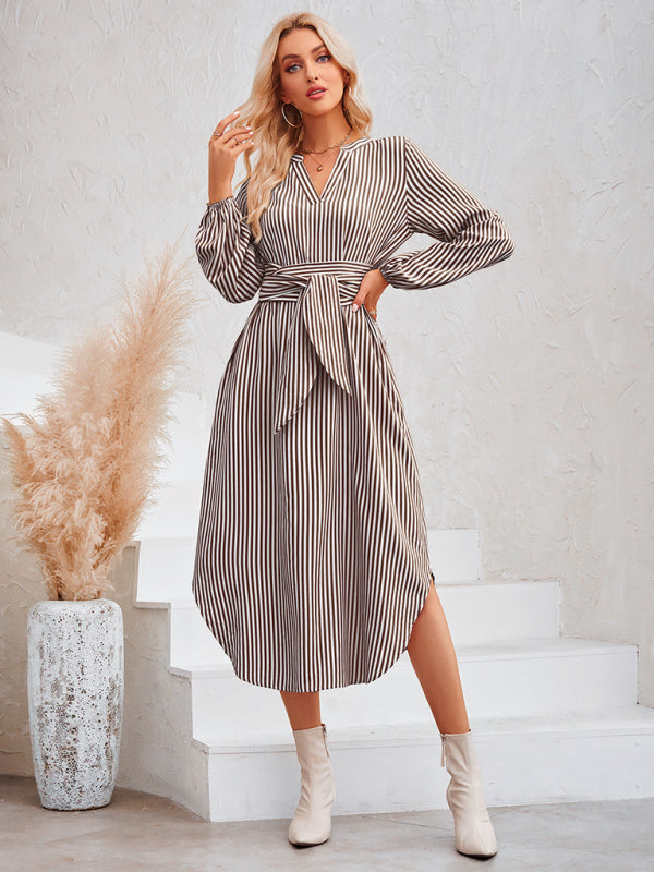Blue Zone Planet | V-neck striped tie waist shirt dress BLUE ZONE PLANET