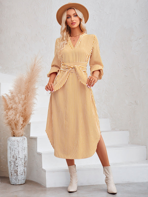 Blue Zone Planet | V-neck striped tie waist shirt dress BLUE ZONE PLANET