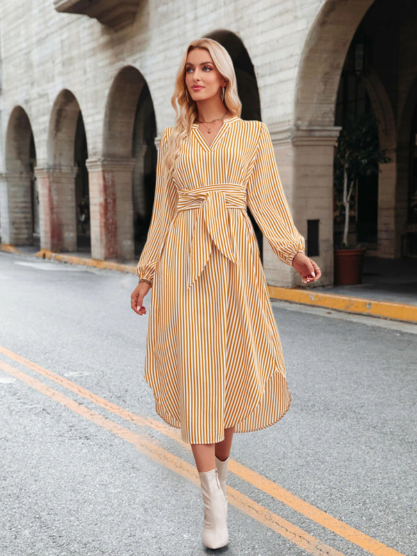 Blue Zone Planet | V-neck striped tie waist shirt dress BLUE ZONE PLANET