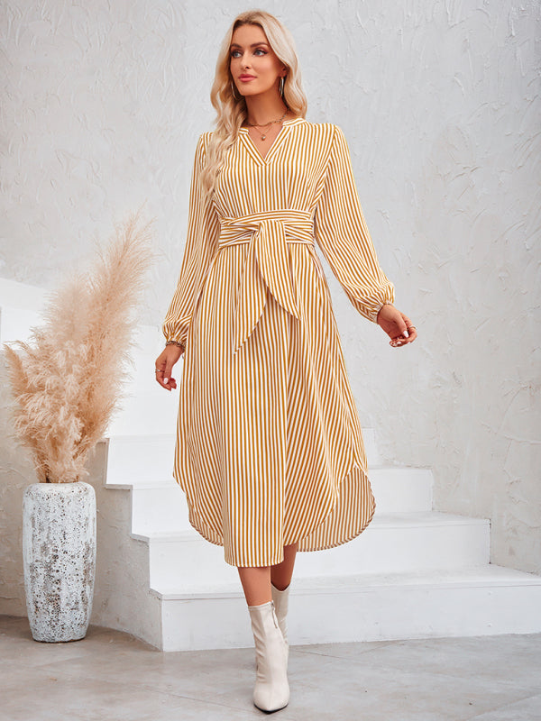 Blue Zone Planet | V-neck striped tie waist shirt dress BLUE ZONE PLANET