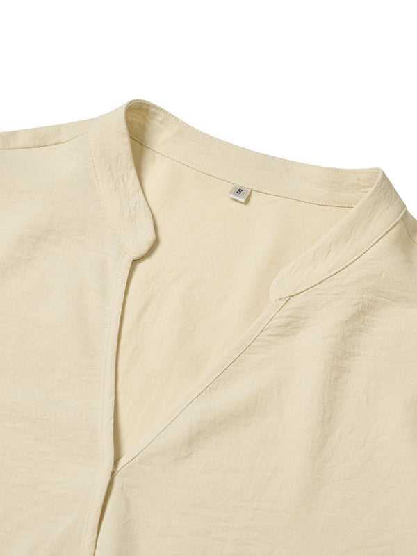 V Neck Solid Color Loose Rolled Long Sleeve Top kakaclo