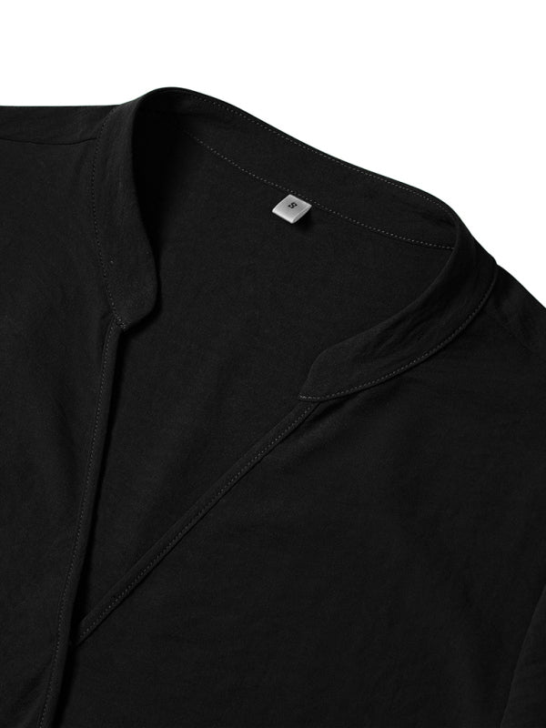 V Neck Solid Color Loose Rolled Long Sleeve Top kakaclo