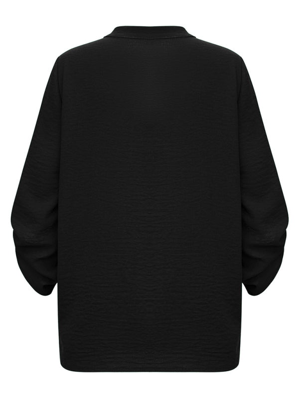 V Neck Solid Color Loose Rolled Long Sleeve Top kakaclo