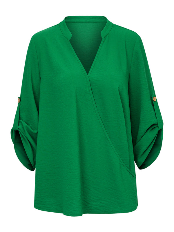 V Neck Solid Color Loose Rolled Long Sleeve Top kakaclo