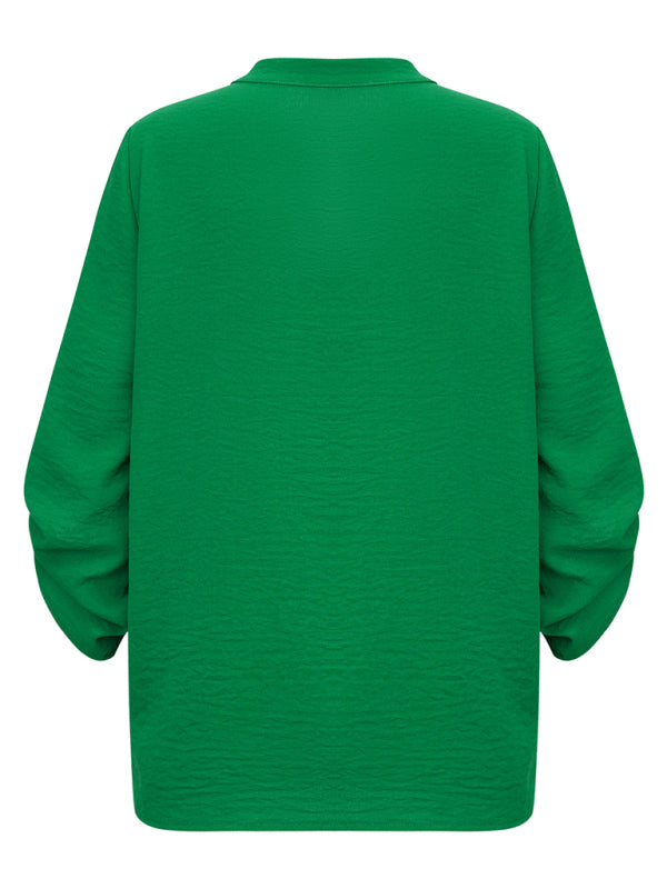V Neck Solid Color Loose Rolled Long Sleeve Top kakaclo