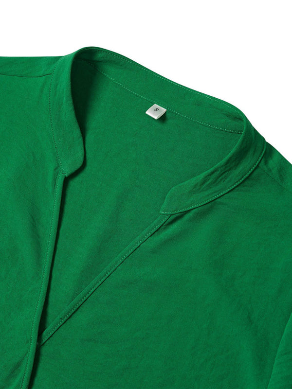 V Neck Solid Color Loose Rolled Long Sleeve Top kakaclo