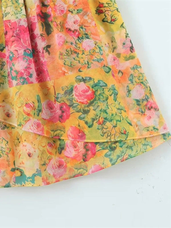 Lace-up French niche color-block floral sling dress with wooden ears kakaclo