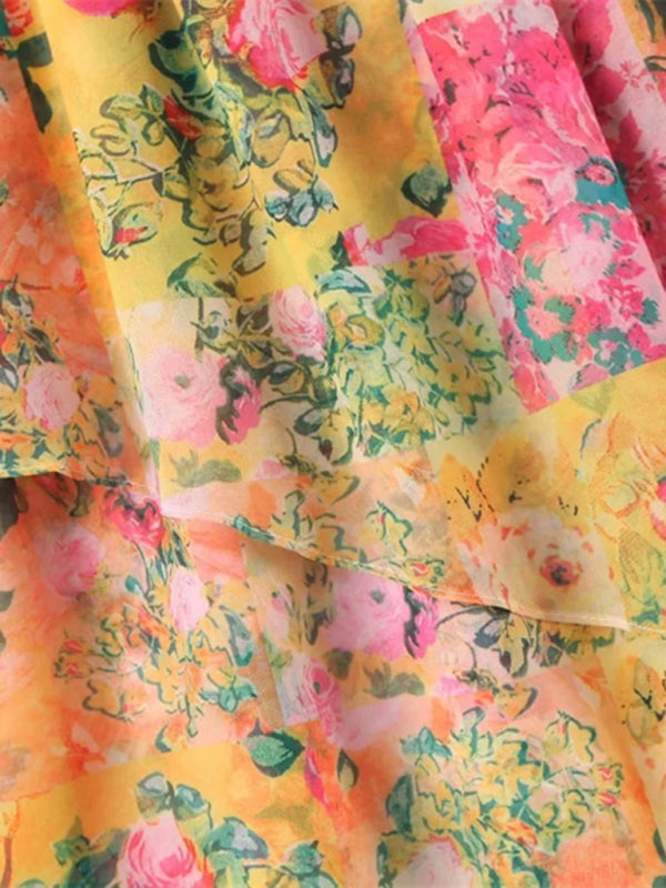 Lace-up French niche color-block floral sling dress with wooden ears kakaclo