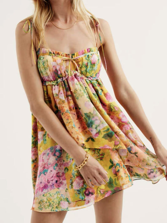 Lace-up French niche color-block floral sling dress with wooden ears kakaclo