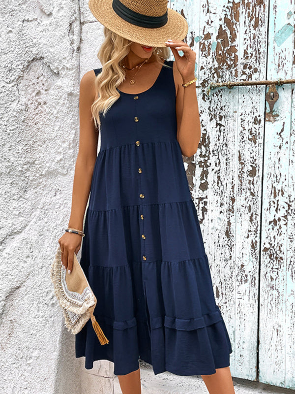 Blue Zone Planet | Summer sleeveless slit solid color dress BLUE ZONE PLANET