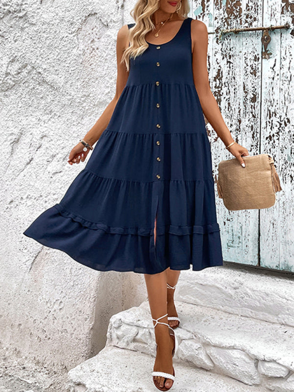 Blue Zone Planet | Summer sleeveless slit solid color dress BLUE ZONE PLANET
