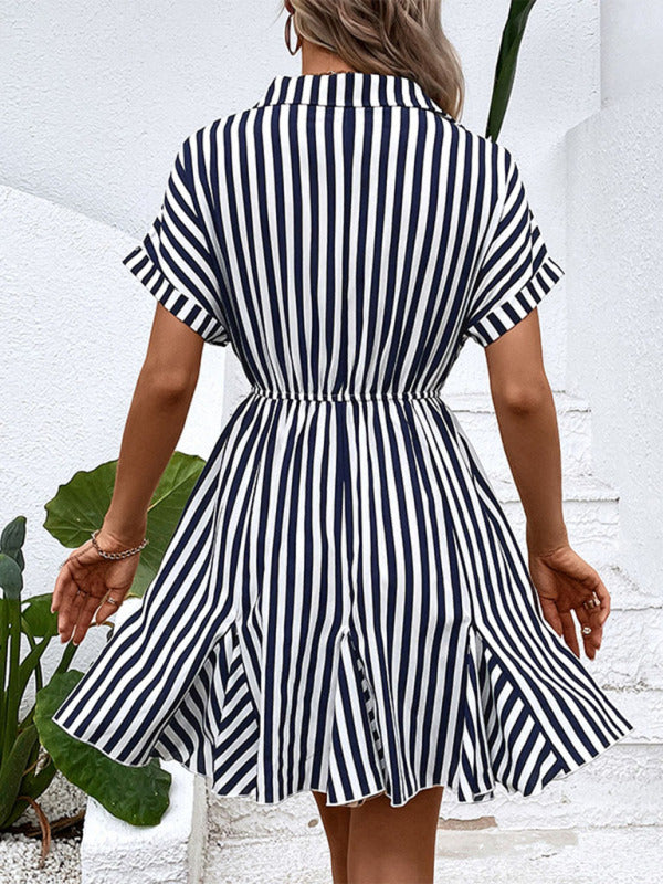 Blue Zone Planet | Ladies Lapel Striped Shirt Dress BLUE ZONE PLANET