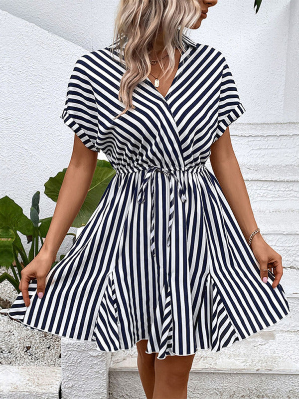 Blue Zone Planet | Ladies Lapel Striped Shirt Dress BLUE ZONE PLANET