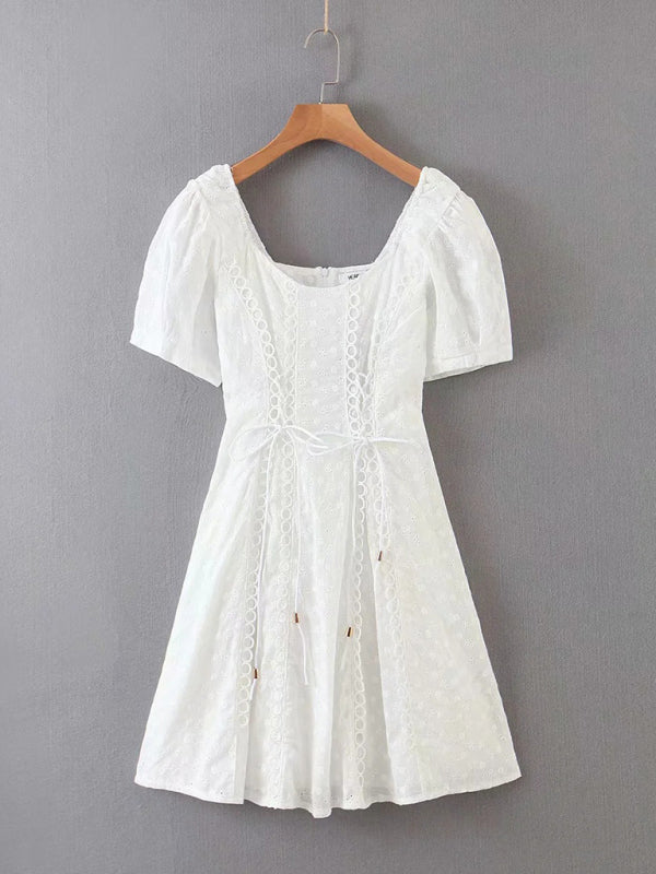 Blue Zone Planet | Lace Embroidery Low Cut Square Neck Puff Sleeve Dress BLUE ZONE PLANET