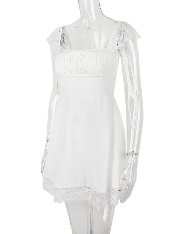 Blue Zone Planet | Lace Square Neck Slip Dress Slim Backless White French Dress kakaclo