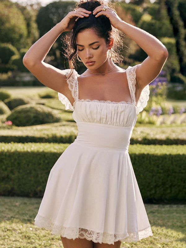 Blue Zone Planet | Lace Square Neck Slip Dress Slim Backless White French Dress kakaclo
