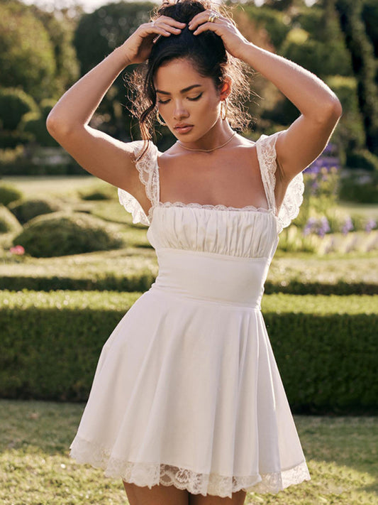 Blue Zone Planet |  Lace Square Neck Slip Dress Slim Backless White French Dress kakaclo