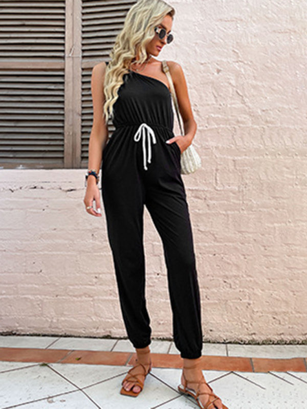 solid color one-shoulder spaghetti strap jumpsuit kakaclo