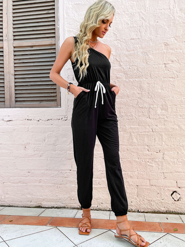 solid color one-shoulder spaghetti strap jumpsuit kakaclo