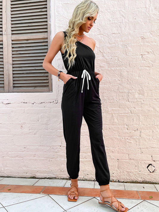 solid color one-shoulder spaghetti strap jumpsuit kakaclo