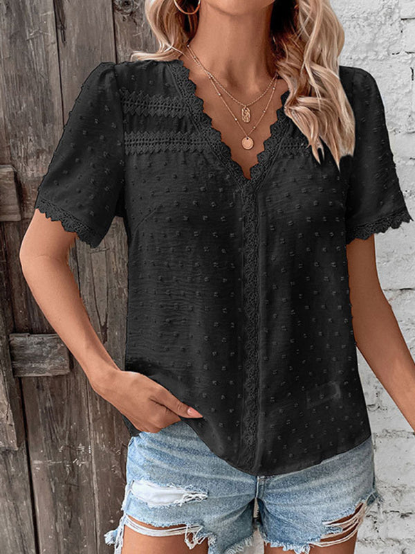 Blue Zone Planet | V-neck neckline lace panel elegant blouse kakaclo