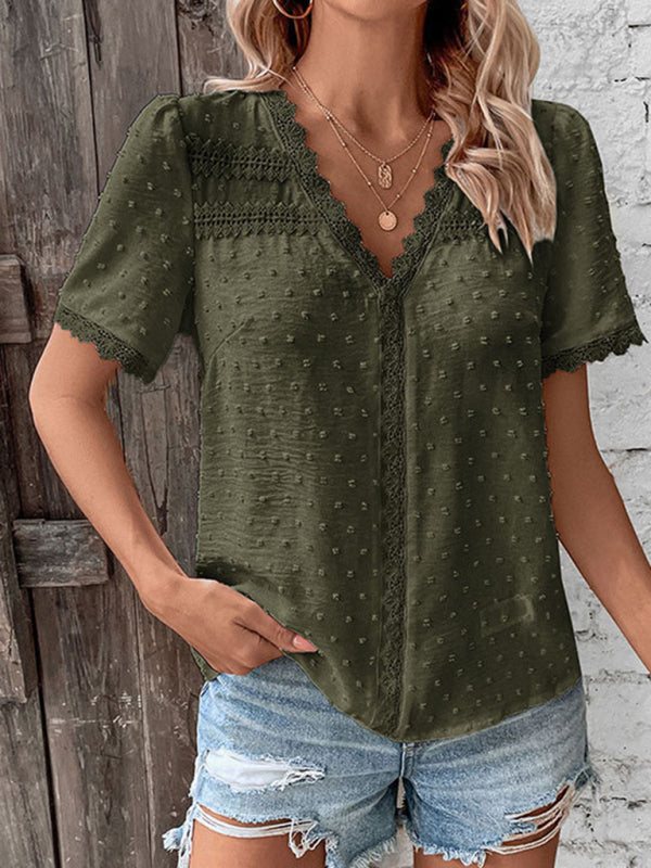 Blue Zone Planet | V-neck neckline lace panel elegant blouse kakaclo