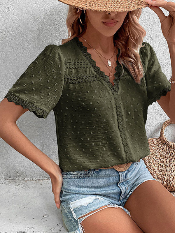Blue Zone Planet | V-neck neckline lace panel elegant blouse kakaclo