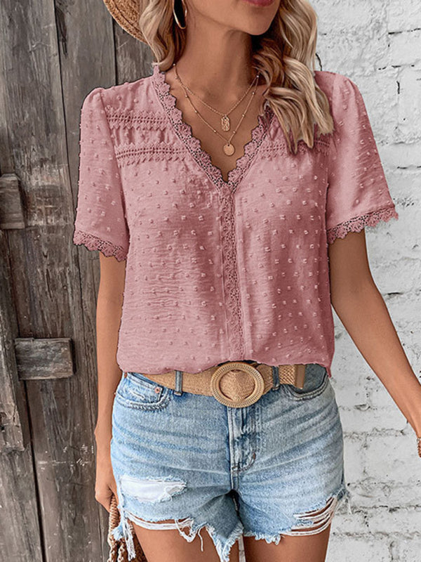 Blue Zone Planet | V-neck neckline lace panel elegant blouse kakaclo