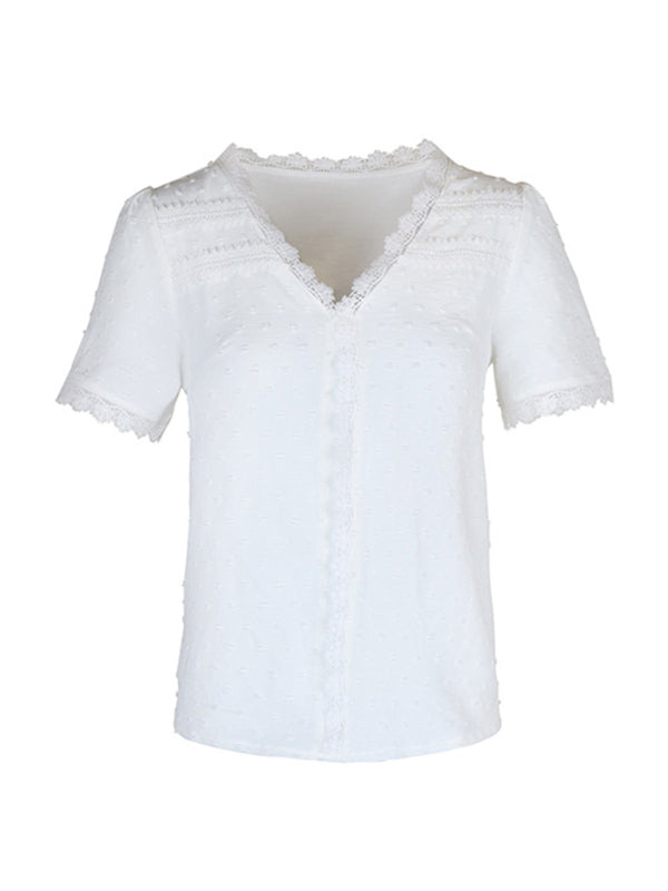 Blue Zone Planet | V-neck neckline lace panel elegant blouse kakaclo