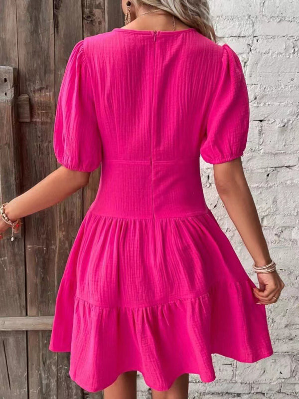 solid color slim skirt V-neck mid-sleeved dress kakaclo