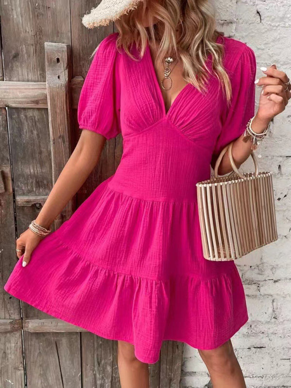 solid color slim skirt V-neck mid-sleeved dress kakaclo