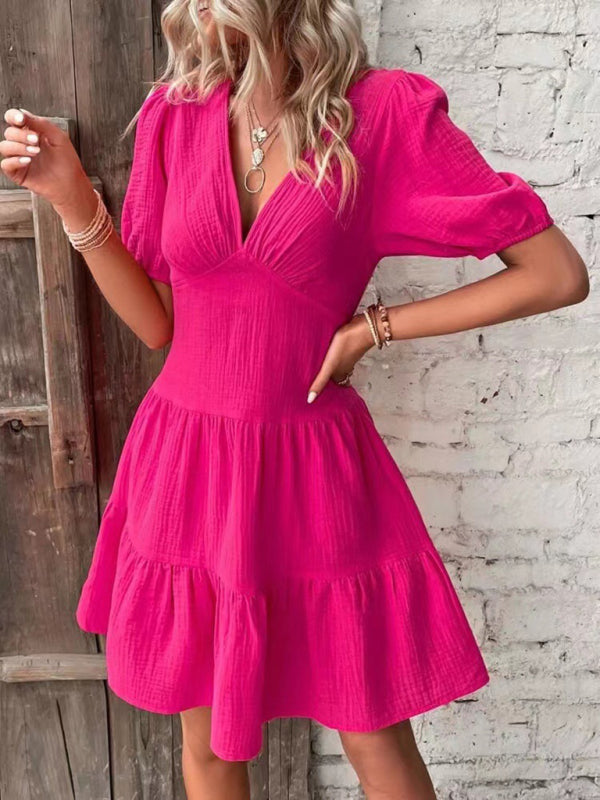 solid color slim skirt V-neck mid-sleeved dress kakaclo