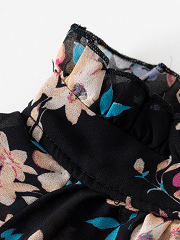 Elegant commuter plant print stitching ruffled shirt BLUE ZONE PLANET