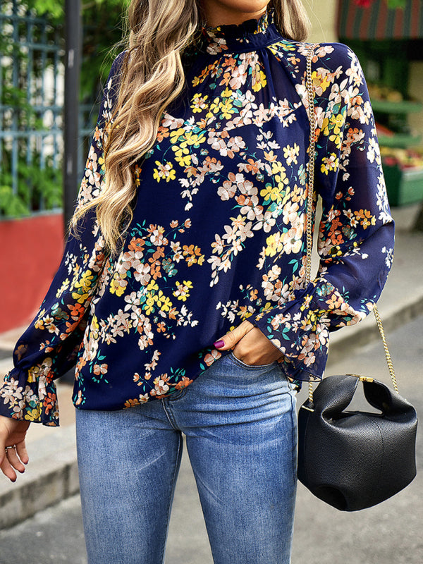 Elegant commuter plant print stitching ruffled shirt BLUE ZONE PLANET