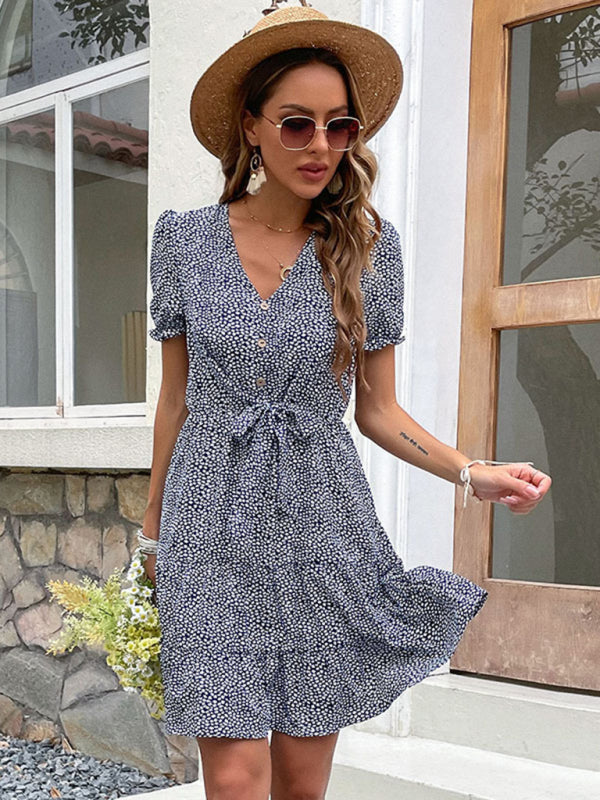 Blue Zone Planet | Print Button V Neck Tie Dress BLUE ZONE PLANET