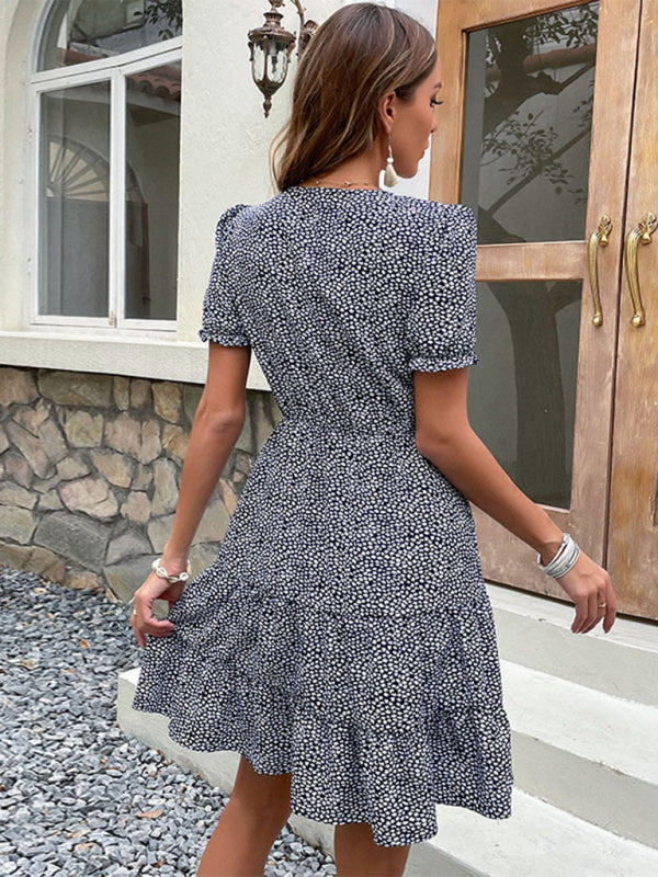 Blue Zone Planet | Print Button V Neck Tie Dress BLUE ZONE PLANET