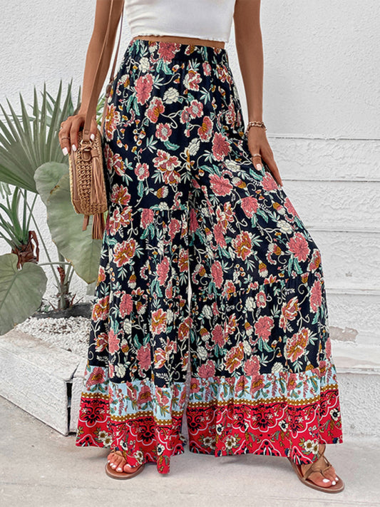Bohemian Floral Flared Wide-Leg Pants BLUE ZONE PLANET