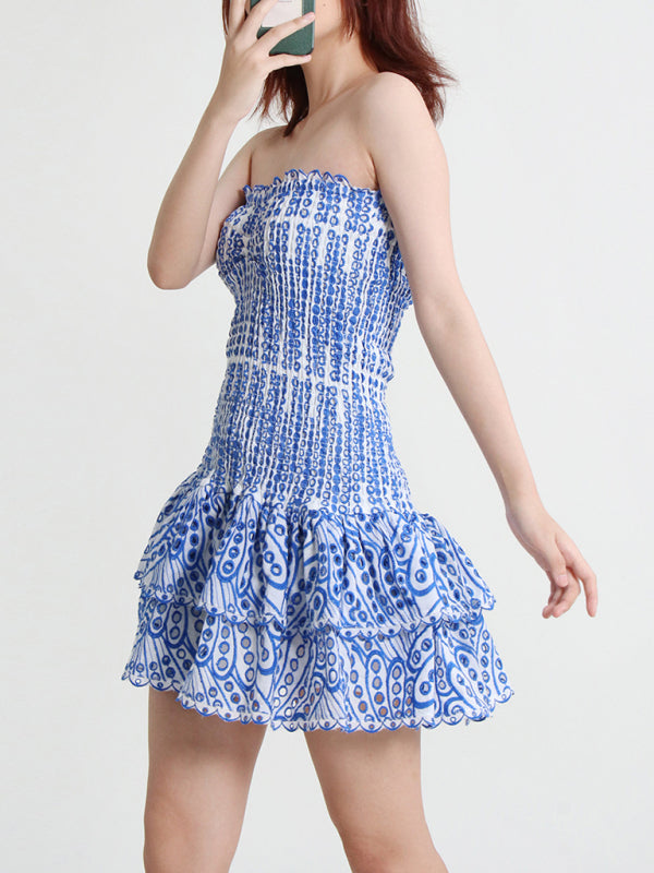 Blue Zone Planet | Strapless Slim Ruffle Hem Embroidered Mini Dress kakaclo