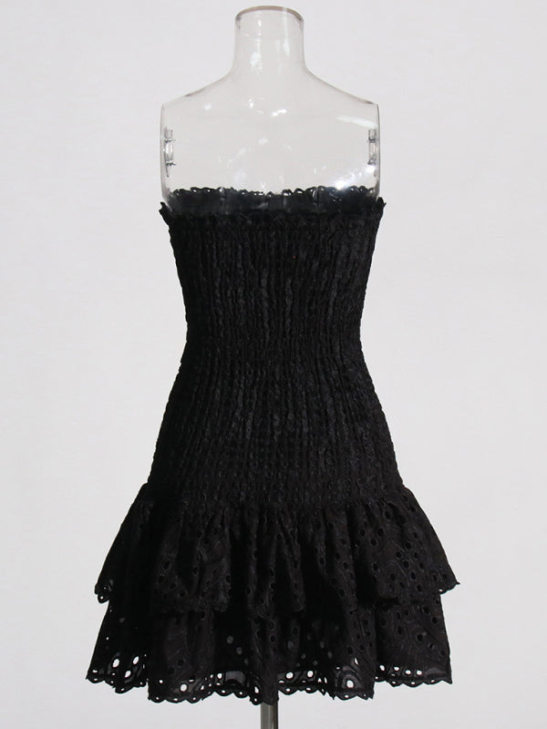 Blue Zone Planet | Strapless Slim Ruffle Hem Embroidered Mini Dress kakaclo