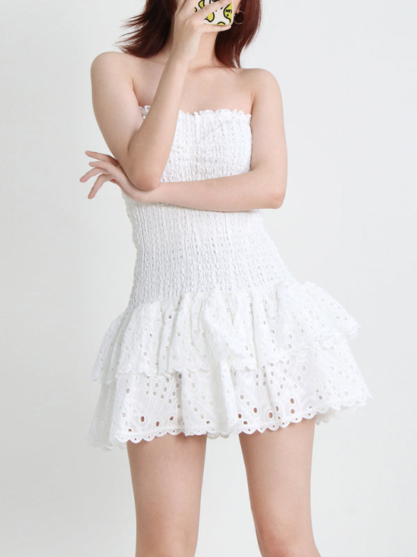 Blue Zone Planet | Strapless Slim Ruffle Hem Embroidered Mini Dress kakaclo