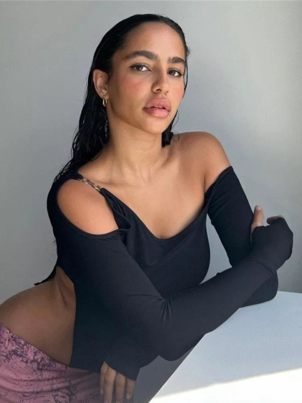 Long-Sleeved Round Neck One Shoulder Side Slit T-shirt kakaclo